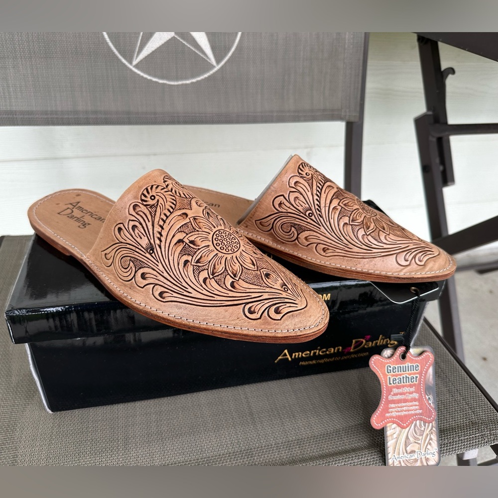 American Darling tooled leather mules